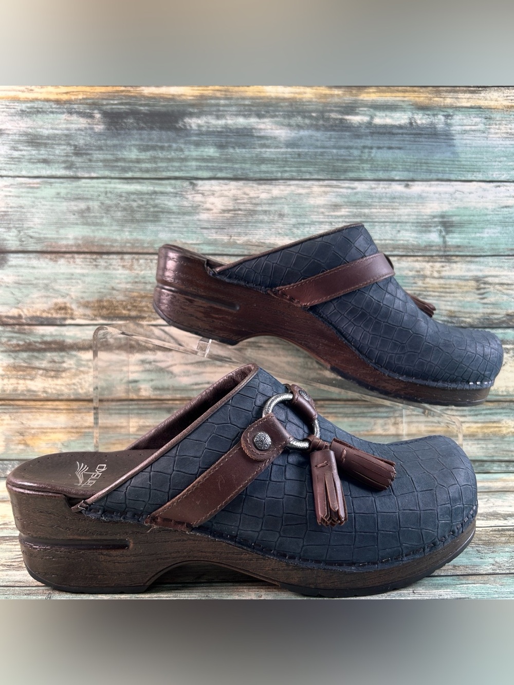 Dansko Shandi Backless Clog Womens 8.5-9/39 Blue Croc Print Leather Slip On Shoe